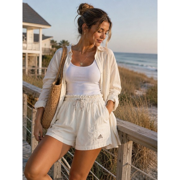 adidas Pants - Adidas Cream Paperbag Waist Utility Shorts Women's Small Lightweight Casual